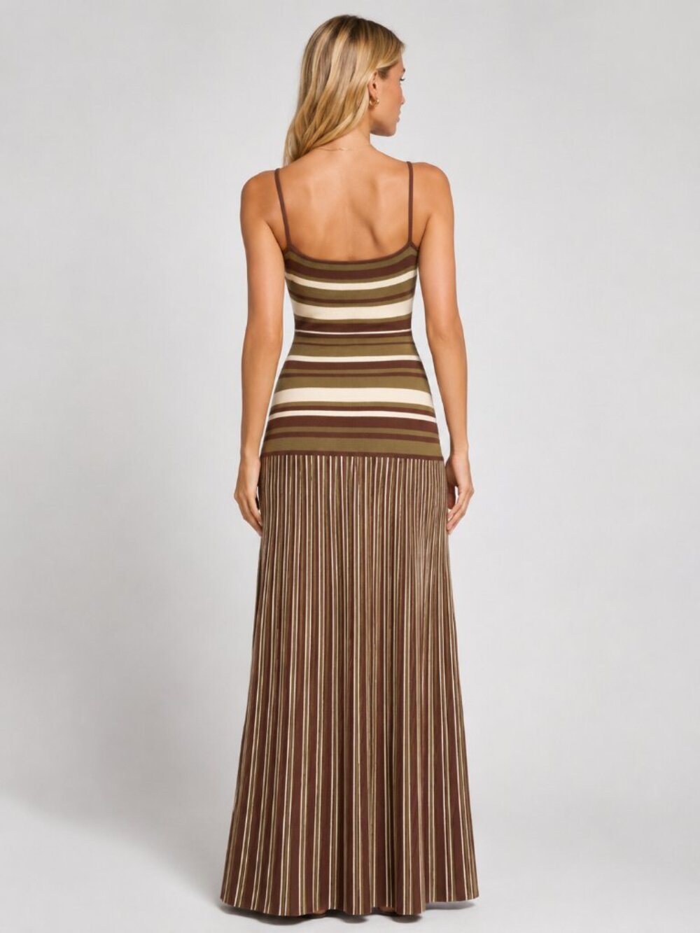 Women's Brown Striped Knit Cami Maxi Dress Beaded Straps Wool Blend Boho Summer - Picture 2 of 3